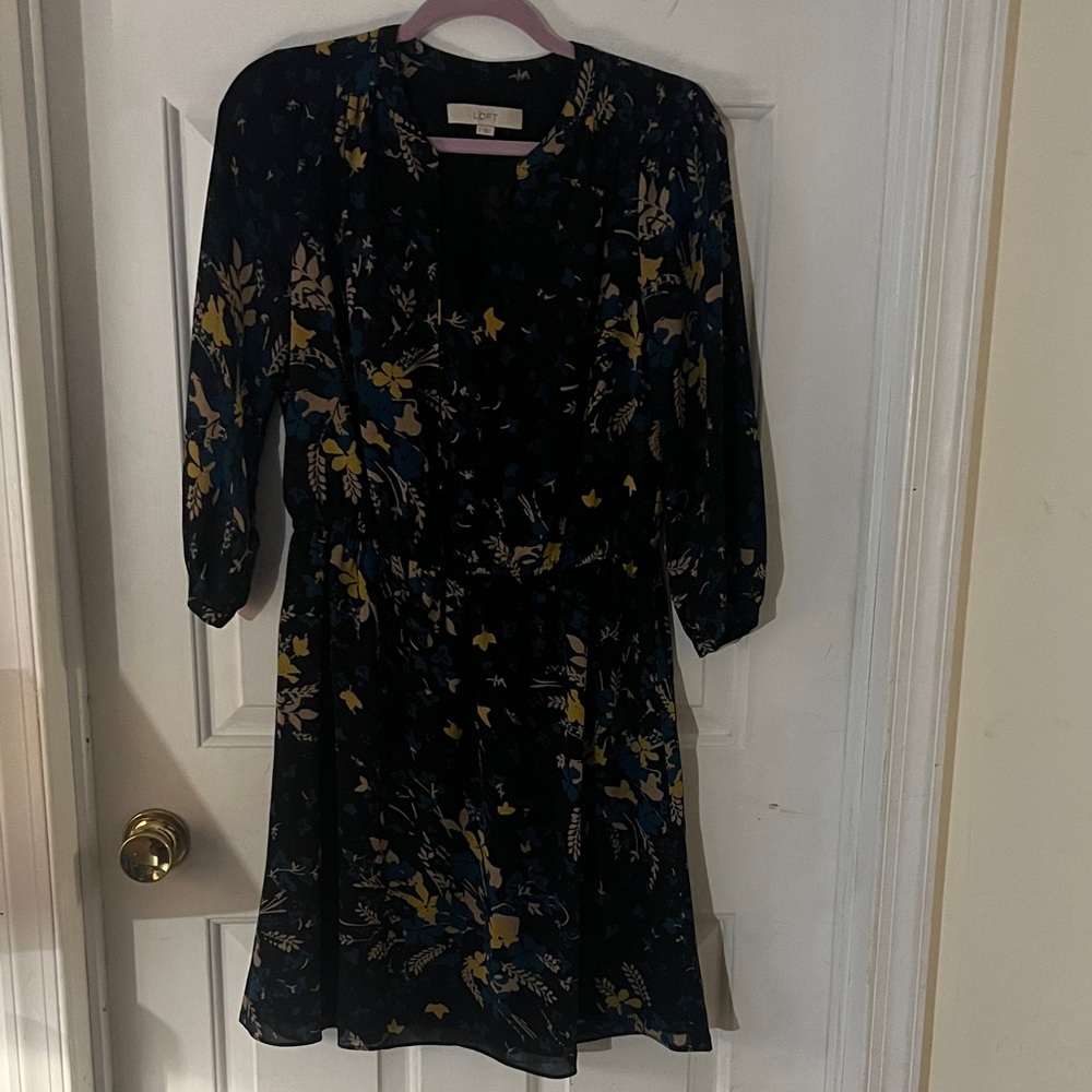 LOFT Dark Floral Long Sleeve Dress